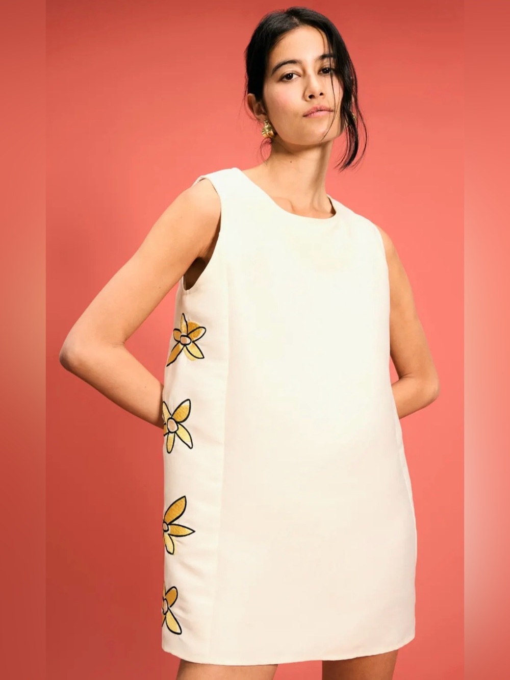 Romy Cream Sleeveless Shift Dress with Yellow Side Floral Details
